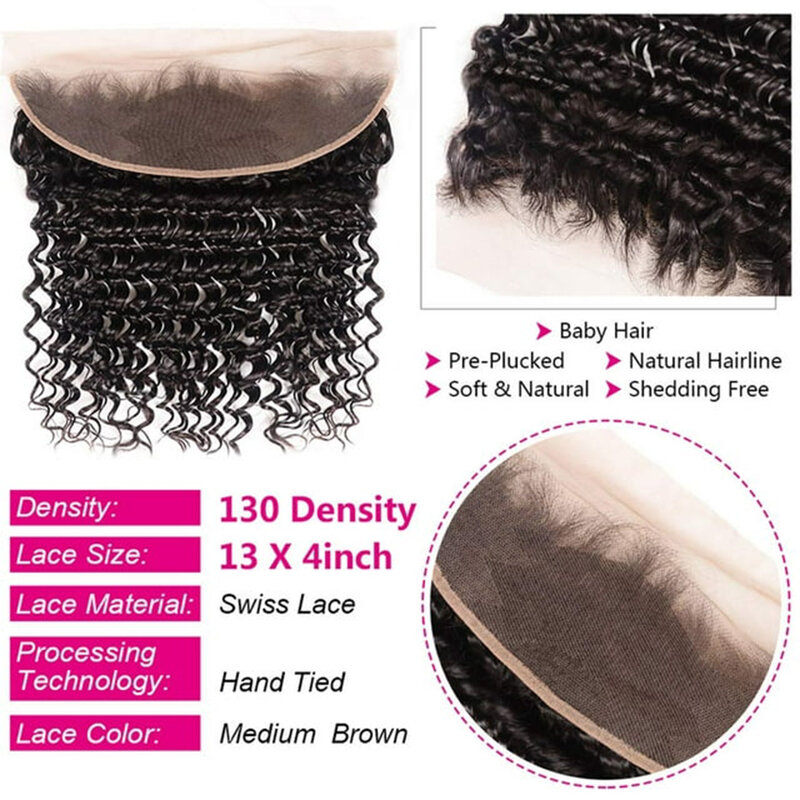 Mechones de onda profunda con cierre Frontal de encaje, cabello humano virgen brasileño 100% sin procesar, 3 paquetes con cierre Frontal de encaje 13x4