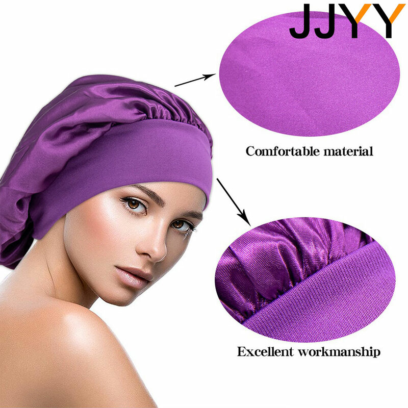 JJYY Adjust Solid Satin Bonnet Hair Styling Cap Long Hair Care Women Night Sleep Hat Silk Head Wrap Shower Cap Hair Styling Tool