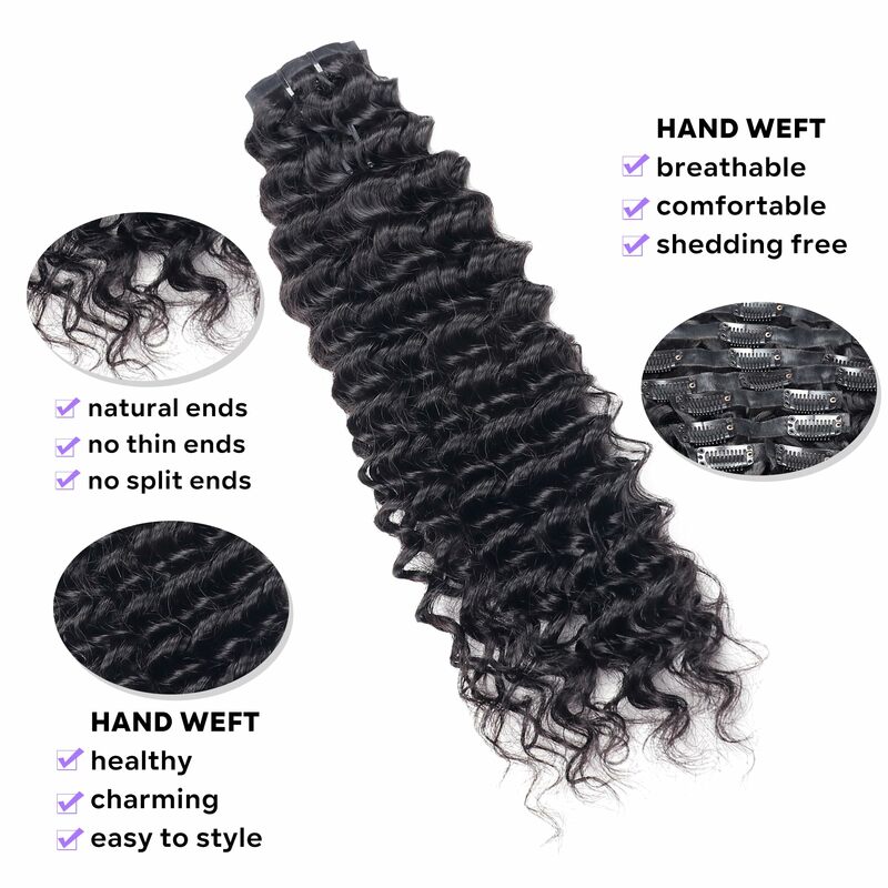 Extensiones de cabello humano virgen brasileño para mujer, pelo Remy de onda profunda con Clip, 8 piezas