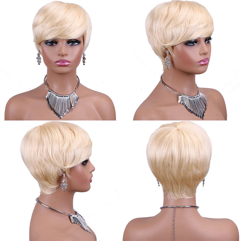 613# Short Pixie Cut Human Hair Wigs Straight Bob Wigs With Bangs Full Machine  Human Hair for Women Brazilian Remy Hair Wigs