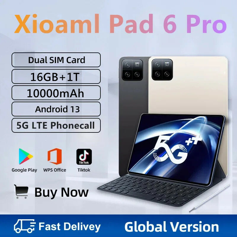 Pad 6 Pro Android 13 Tablet, Versão Global, 16GB, 1T, 10000mAh, 5G, Dual SIM, Chamada Telefônica, GPS, Bluetooth, WiFi, WPS, 11 ", 2022