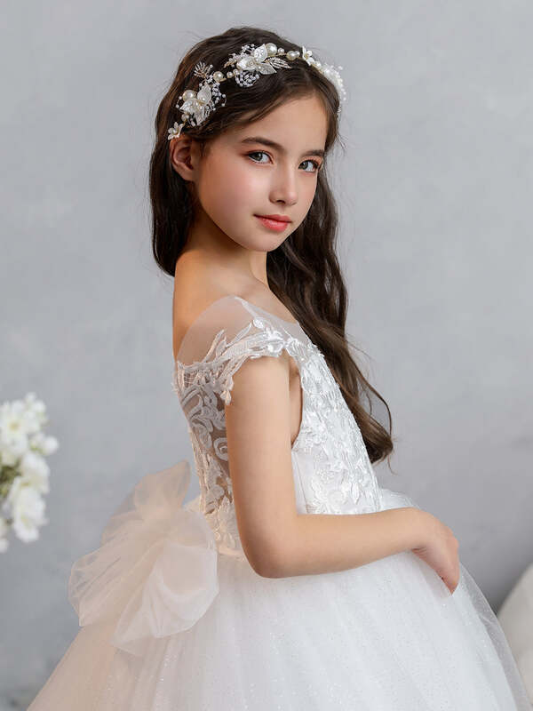 Vestido De Flor De Tule Branco Com Applique E Bowknot De Cetim, Gola Tripulada, Casamento E Vestido De Festa De Aniversário