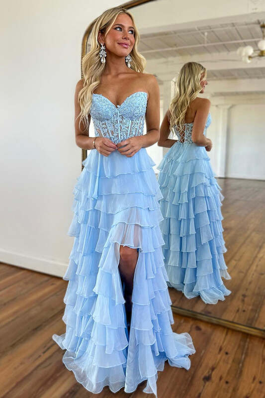 Women's Off Shoulder Sweetheart Strapless Evening Dresses A-line High Slit Ruffle Tiered Princess Appliques Long Prom Dresses