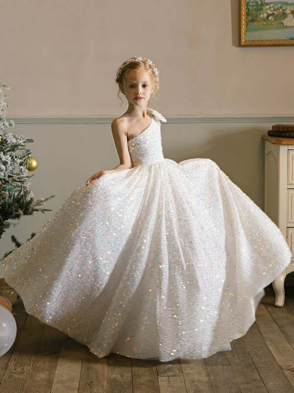 Girls One Shoulder Sparkle Sequins Tulle Flower Girl Dresses Simple Party Gown Dresses With Bow Knot Kids Formal Wear Gowns