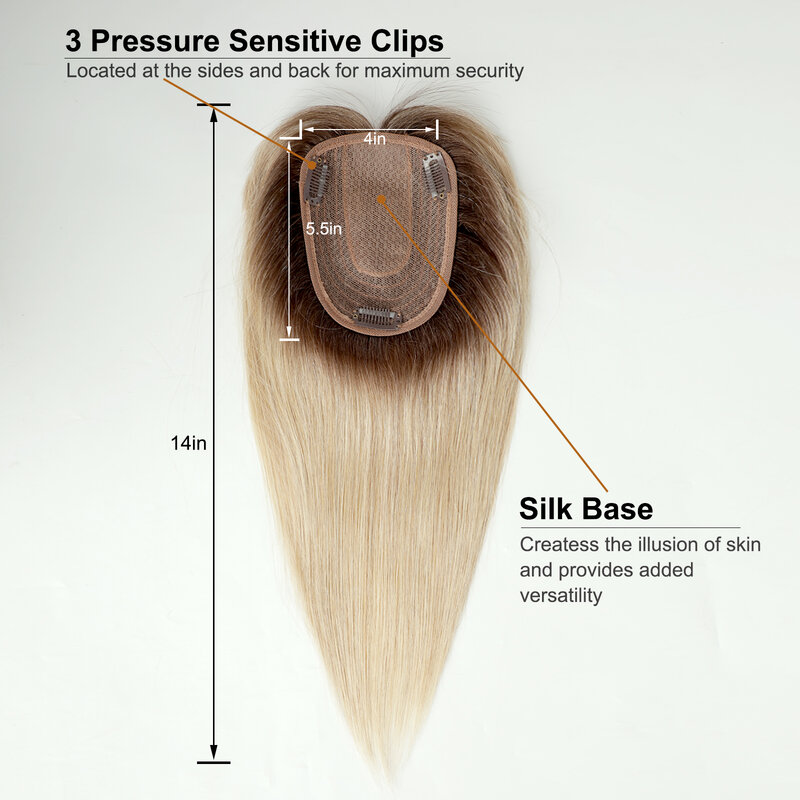 Topper rambut manusia pirang dengan poni akar gelap lurus Remy rambut manusia sutra dasar klip atas dalam ekstensi rambut untuk wanita sehari-hari