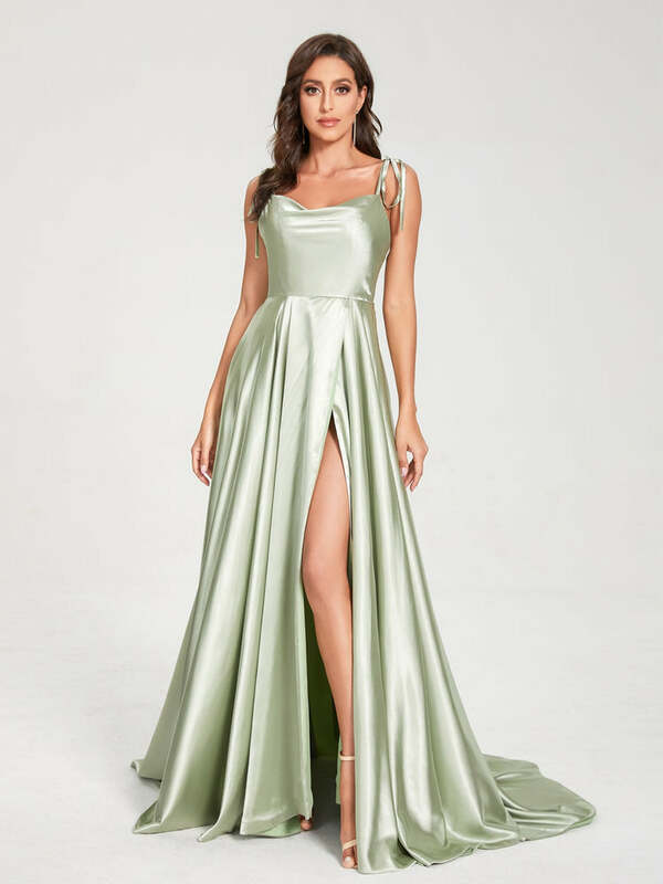 فستان سهرة طويل من الساتان يشبه الحرير ، أشرطة سباغيتي ، فستان سهرة على شكل حرف A ، فستان حفلة ، فساتين إشبينة العروس