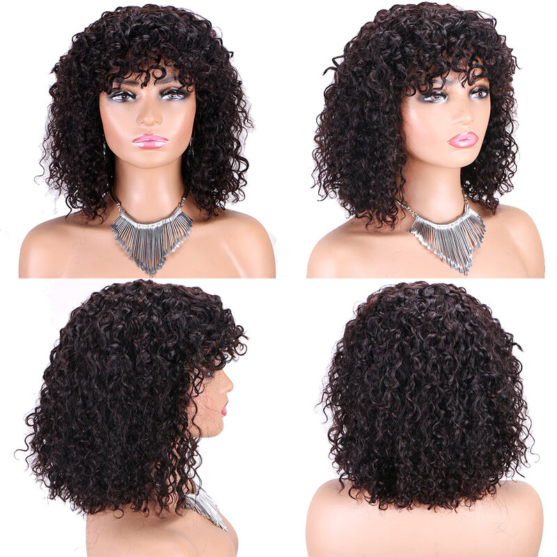 Krótkie, kręcone włosy typu Bob peruki z grzywką ciemnobrązowe, głębokie, kręcone włosy z peruki dla czarnych kobiet