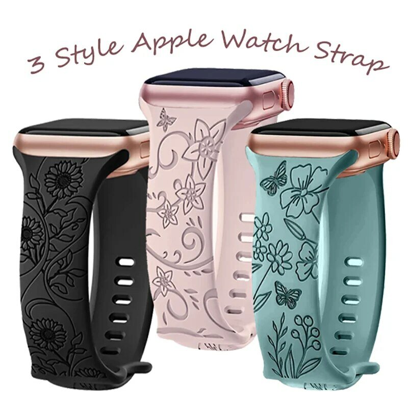 Engraved Floral for Apple Watch Band 44mm 45mm 49mm Sunflower Morning Glory Silicone Bracelet Iwatch Series 9 8 7 Se 6 5 Ultra 2