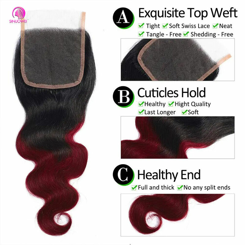 Bundel gelombang tubuh 1B/99j dengan penutup 100% rambut manusia 3/4 bundel rambut Virgin Brasil ekstensi berwarna untuk wanita