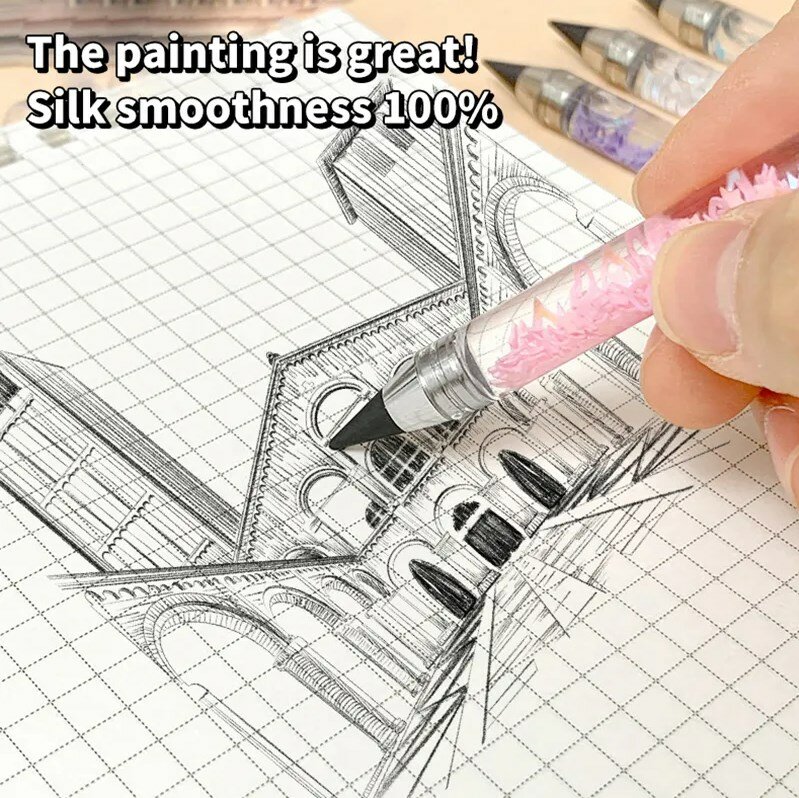 1ชิ้นปากกาเขียนได้ไม่จำกัดหมึกปากกาทรายหมึกสีดำเทคโนโลยีไม่มีการเหลาดินสออุปกรณ์วาดภาพเครื่องเขียน