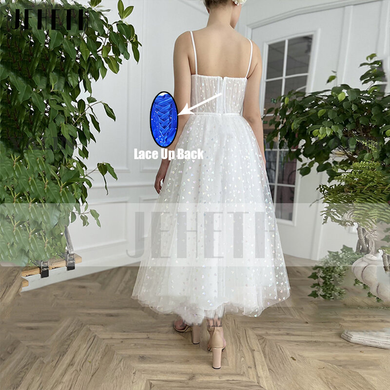 JEHETH Simple Spaghetti Strap White Prom Party Dress Patrol Tulle A-line Evening Gown Elegant Ankle Length Ruched Women 2022