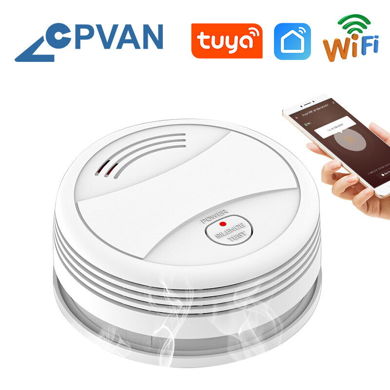 Беспроводной детектор дыма CPVAN Tuya, Wi-Fi Смарт-датчик дыма 95 дБ с звуковым оповещением и управлением через приложение