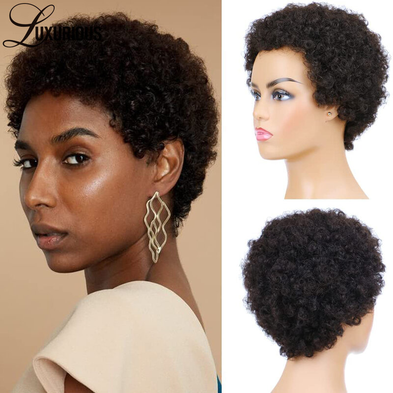 Pelucas Afro rizadas hechas a máquina para mujeres negras, cabello humano virgen brasileño Remy, prearrancado, corte Pixie, Wear And Go