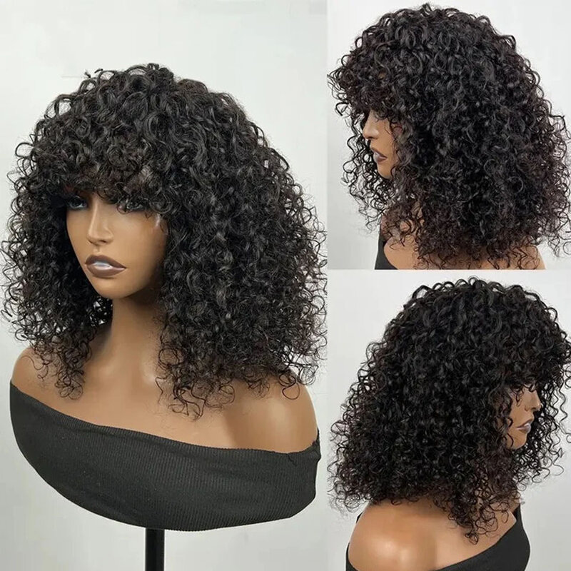 Peluca de cabello humano rizado con flequillo para mujeres negras, pelo corto Bob, ondulado profundo, sin pegamento, parte superior del cuero cabelludo brasileño, suelto