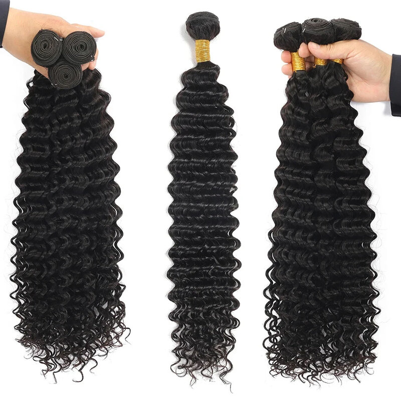 Brazilian Deep Wave Cabelo Humano Pacotes com Frontal, Extensões de Weave, Remy Curly Hair, 3 Pacotes
