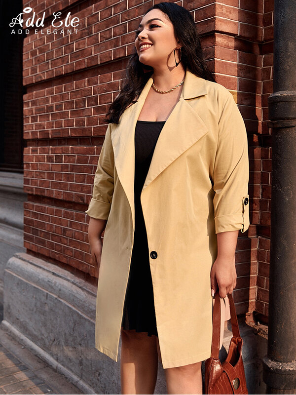 Adicionar elegante 2022 outono casacos femininos tamanho grande cintura elástica traseira único botão de manga rolável mulher casual casaco reto e064