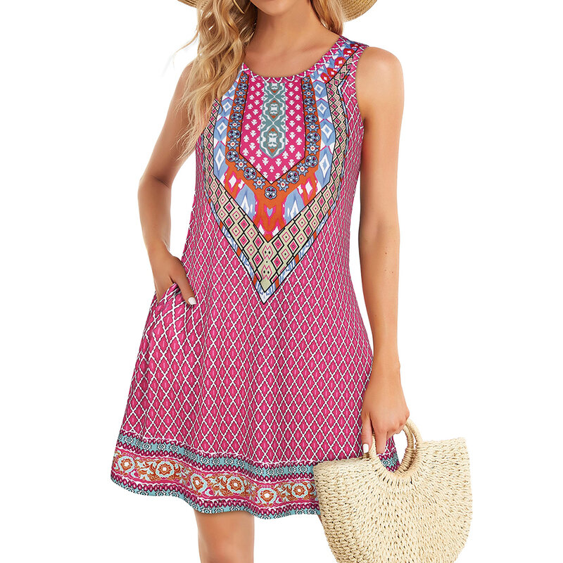 فستان قصير غير رسمي نسائي برقبة دائرية ، فستان صيفي للشاطئ ، فساتين بسيطة متدرجة ، فستان فضفاض كبير الحجم ، الصيف
