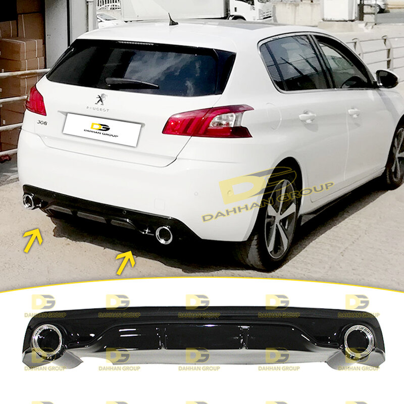 Peugeot 308 2012 - 2018 Rear Diffuser Wing Spoiler With Left + Right Chrome Tips Piano Gloss Black Surface Plastic Pejo Kit