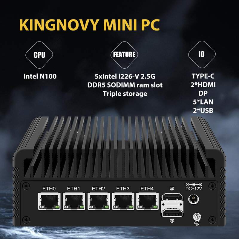 Router do dispositivo do Firewall, mini PC Fanless, anfitrião de ESXi Proxmox, Intel i3, N305, N200, N100, DDR5, 2 x SATA3.0, 2.5G, NVMe, 12o Gen, 5xi226-V