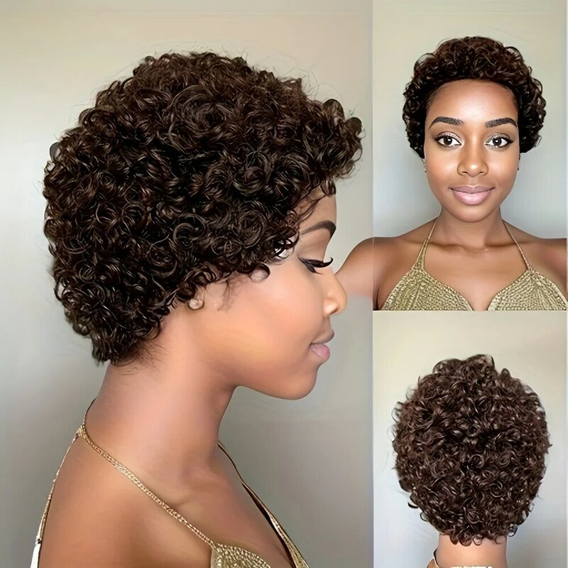 Perucas encaracolados perversos do Afro para mulheres, cabelo humano curto, densidade de 180%, máquina completa feita, cor preta natural