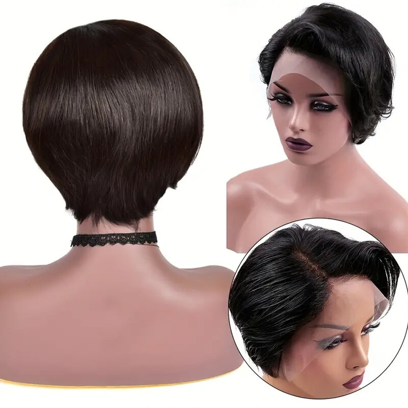 باروكة بوب قصيرة مستقيمة للنساء ، دانتيل شفاف ، قطع بيكسي ، جزء تي ، شعر بشري برازيلي ، نتف مسبقًا