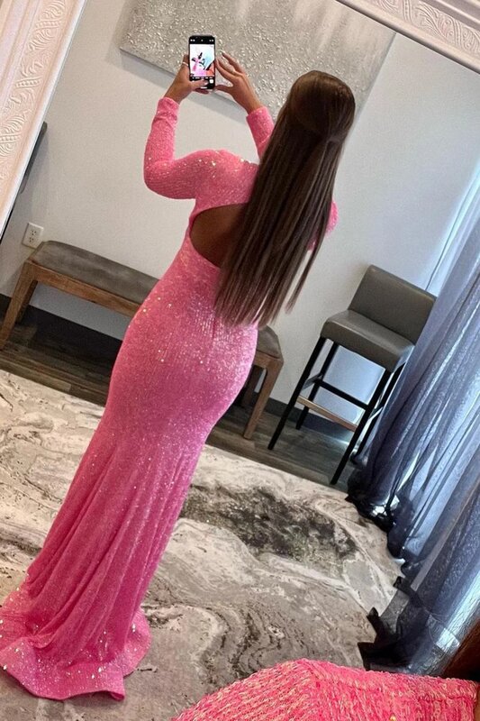 Deep V-Neck Sequin Prom Dresses For Women Sparkly Long Sleeves Mermaid Sexy Open Back Party Cocktail Gown With High Slit