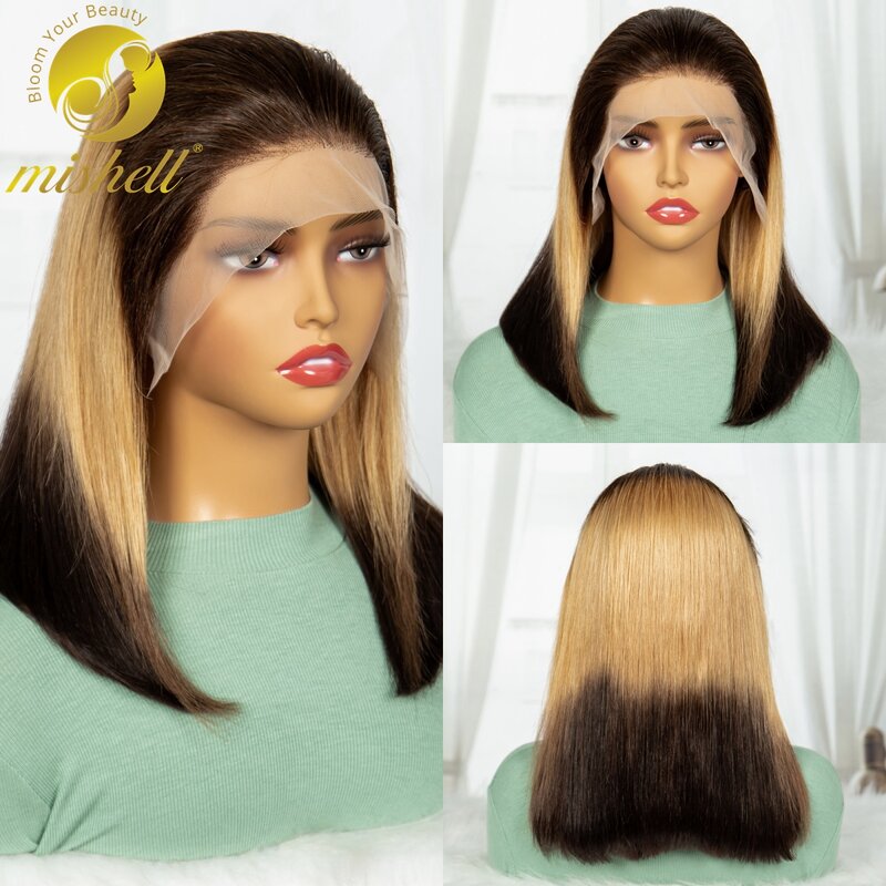 Peluca de cabello humano liso para mujer, postizo de encaje Frontal 13x4 con densidad de 250%, color ombré, corte Bob, Remy brasileño