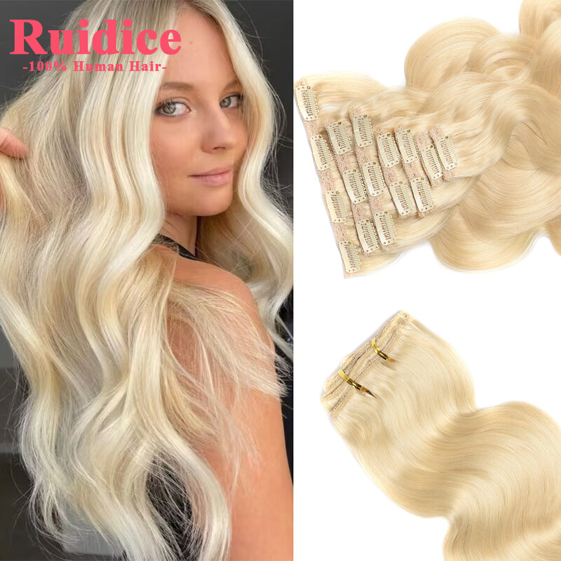 Extensiones de cabello humano ondulado, Clip de cabello Remy, Rubio blanqueador, 110-200G, 14 a 24, #60