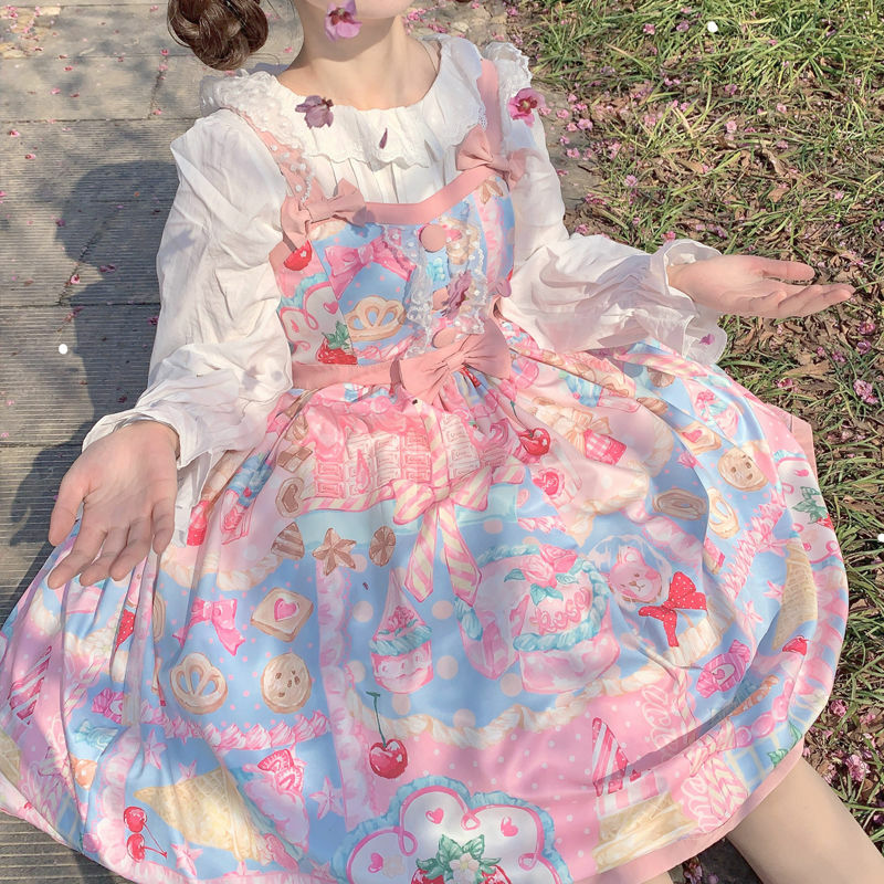 Sukienka Lolita nadruk kreskówkowy spotkanie przy herbacie japoński lato bez rękawów słodki łuk Kawaii księżniczka śliczne Jsk sukienka Sling