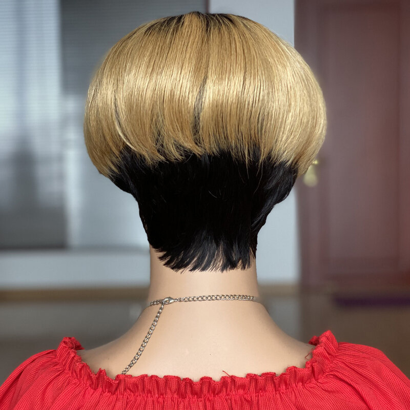 Hand-tied Soft Short Bob Wig With Bangs Brazilian Straight Ombre Human Hair Wigs Honey Blonde Full Machine Made Wigs Remy Hair