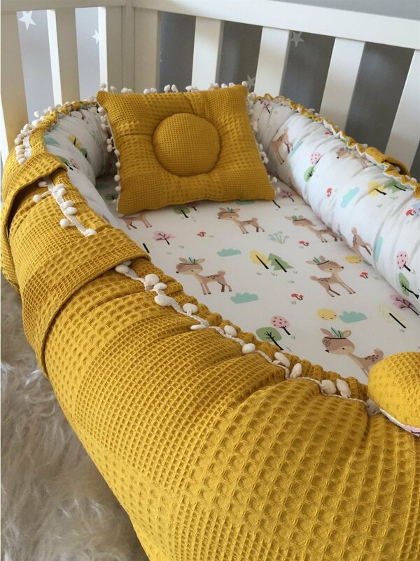 Handmade Mustard Wafle Pique Fabric Ceylan Design with Pompom Babynest