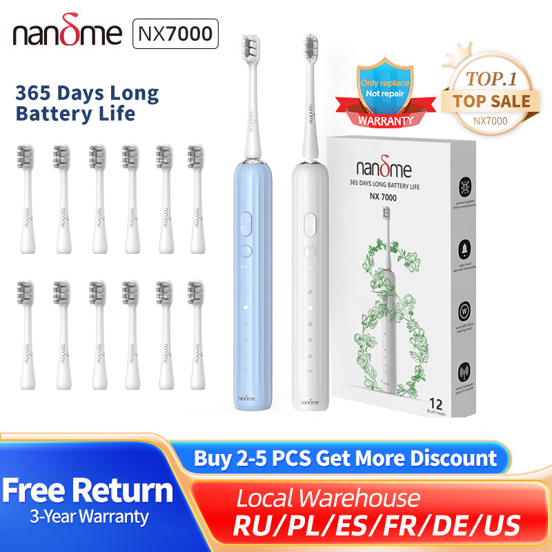 【Code：NANDME041】فرشاة أسنان كهربائية سونيك ذكية Nandme NX7000 فرشاة أسنان سونيك IPX7 قابلة لإعادة الشحن 5 وضع فرشاة أسنان ذكية مبيضة للوقت