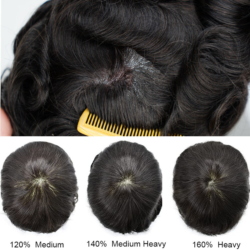 Men Toupee Hair Piece 100% Real Human Hair Fine Mono Toupee For Men Natural Hairline Hairpieces PU System Men Replacement Wig