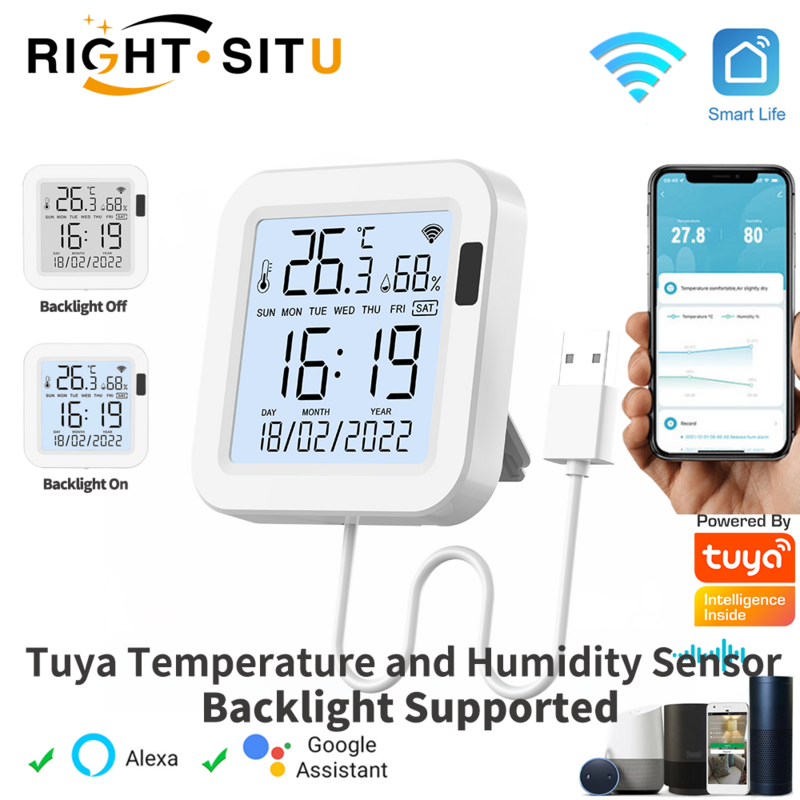 Sensor inteligente de temperatura y humedad con retroiluminación para el hogar, dispositivo con WiFi, compatible con Alexa y asistente de Google, Tuya