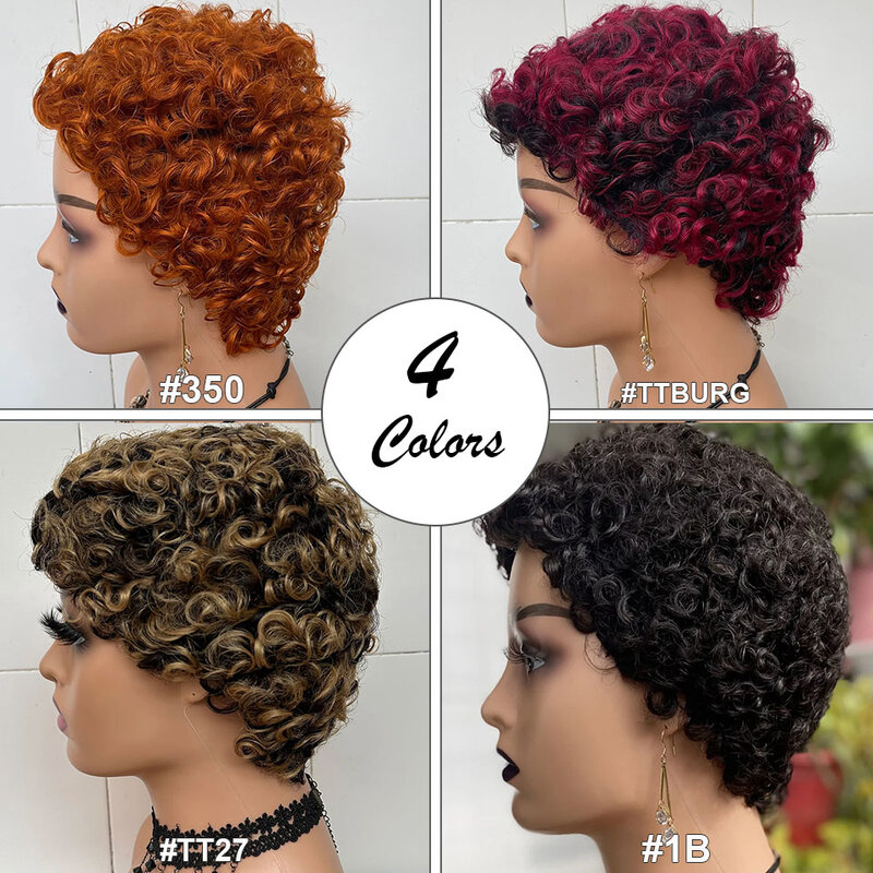 Perruque Bob courte bouclée afro pour femmes noires, perruques de cheveux humains sans dentelle, coupe Pixie, colorée # 100%, 350 cheveux humains, 180D 99J