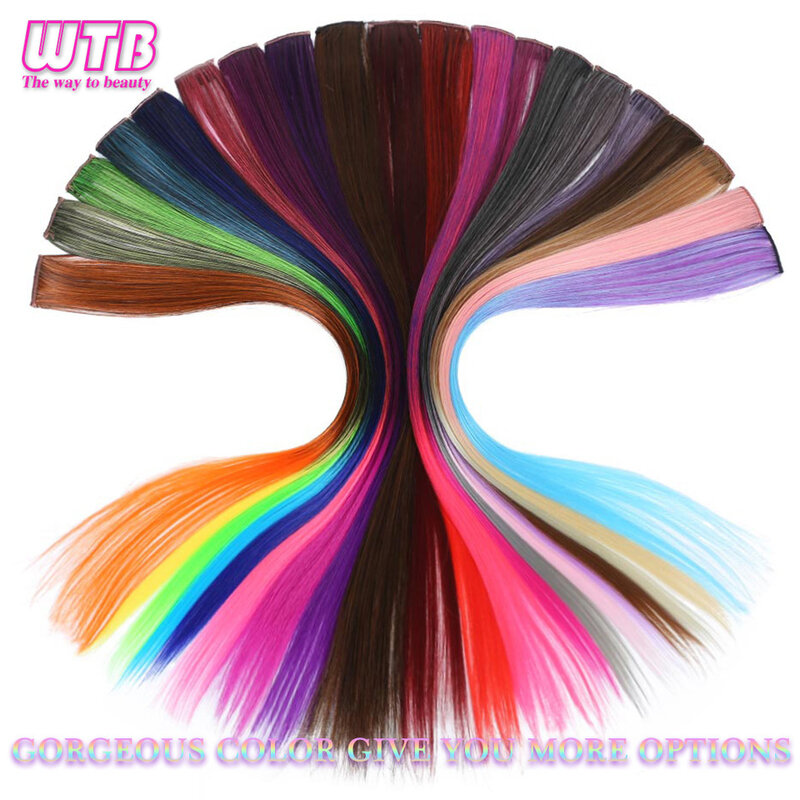 WTB-Extensions de Cheveux Synthétiques Longs et Lisses à réinitialisation pour Fille, Couleur Rose Rouge Bleu, Arc-en-ciel Naturel