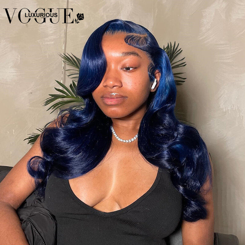 Perruque Lace Front Wig Body Wave brésilienne naturelle, cheveux vierges, pre-plucked, transparent HD, bleu foncé, 13x4, pour femmes