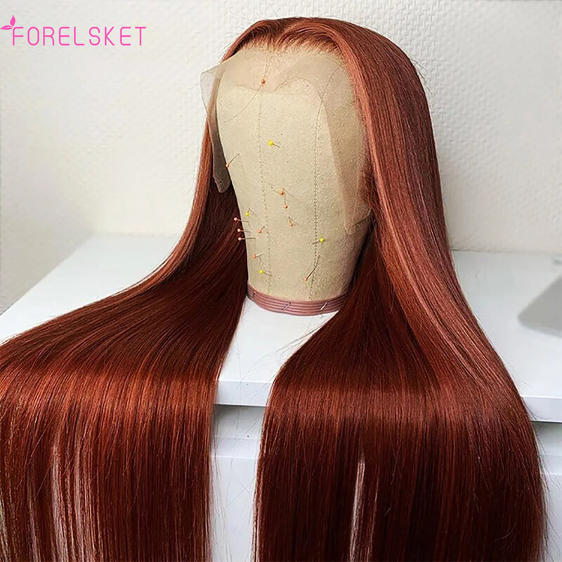 13x4 HD прозрачный кружевной передний парик, предварительно опущенные Детские волосы, 33 # парик из человеческих волос, красно-коричневые прямые волосы, парики из человеческих волос