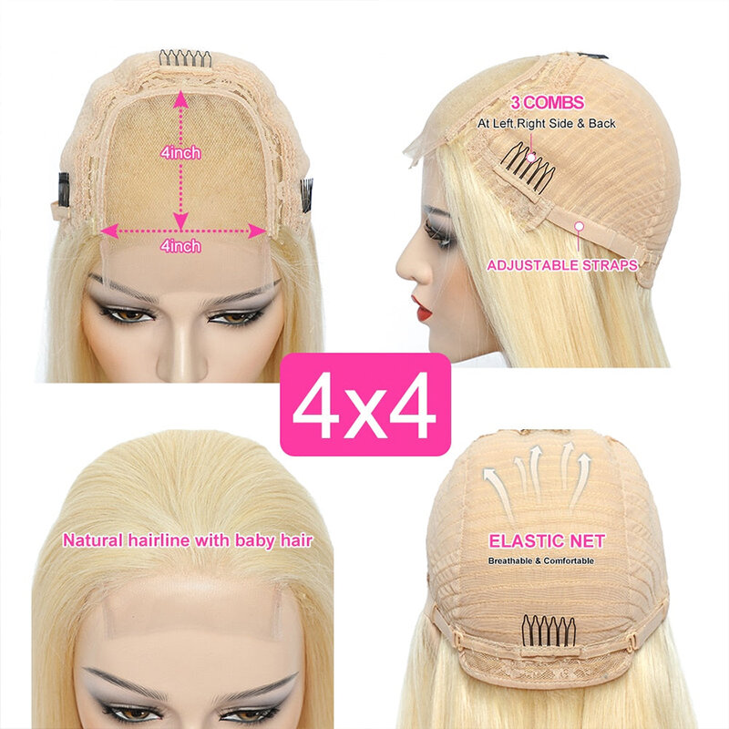 613 Blonde Color Bone Straight Human Hair Wigs For Women Raw Indian Hair 4x4 Hd Lace Closure Wig 180% Density Pre-Plucked