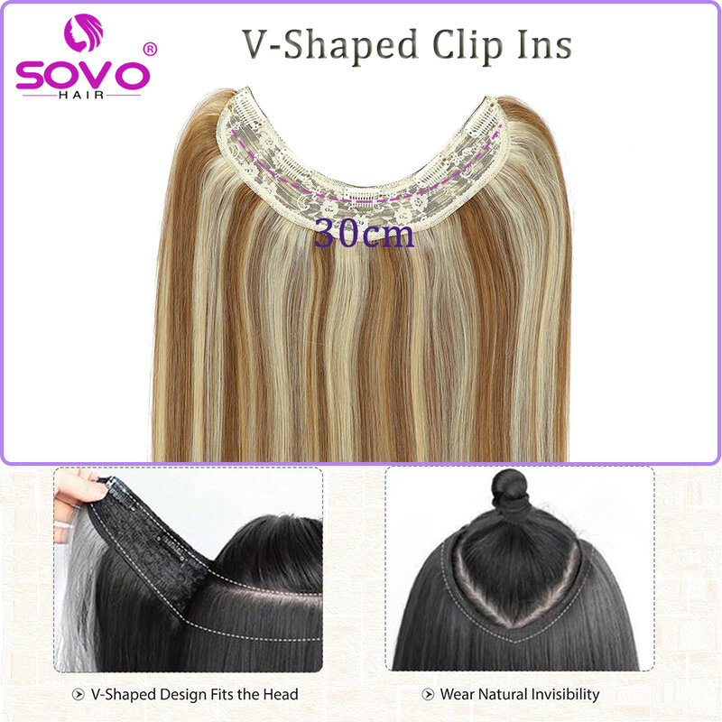Clipe em forma de V em extensões de cabelo, 100% cabelo humano, cabelo natural, cabeça cheia, 1 peça com 5 clipes, 100g, 14-26 em