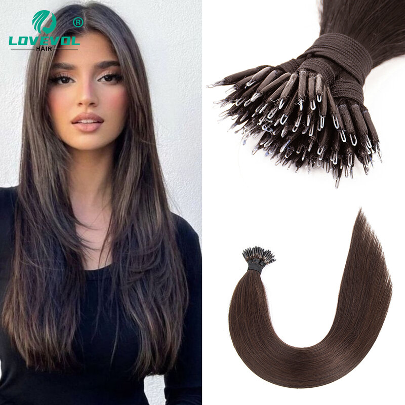 Нано-кольцо Lovevol с бусинами, 100% человеческие волосы для наращивания, предварительно скрепленные нано-волосы для наращивания, 1 г на пряди, коричневого цвета от 16 до 24 дюймов