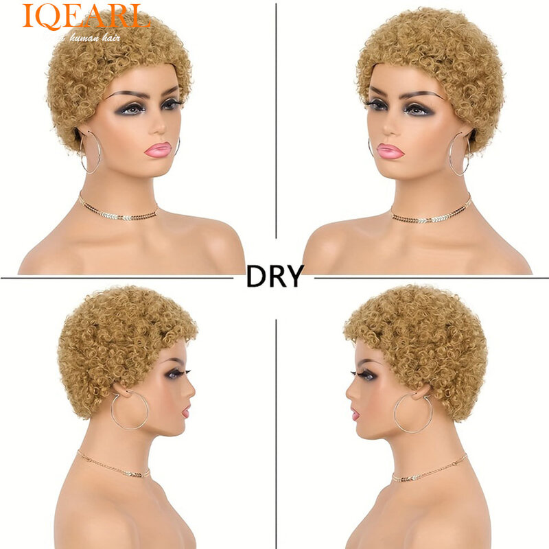 Curto encaracolado perucas de cabelo humano para mulheres, Afro Kinky Wig, loira Pixie corte com Franja, 4 em, # 1B #2 #27