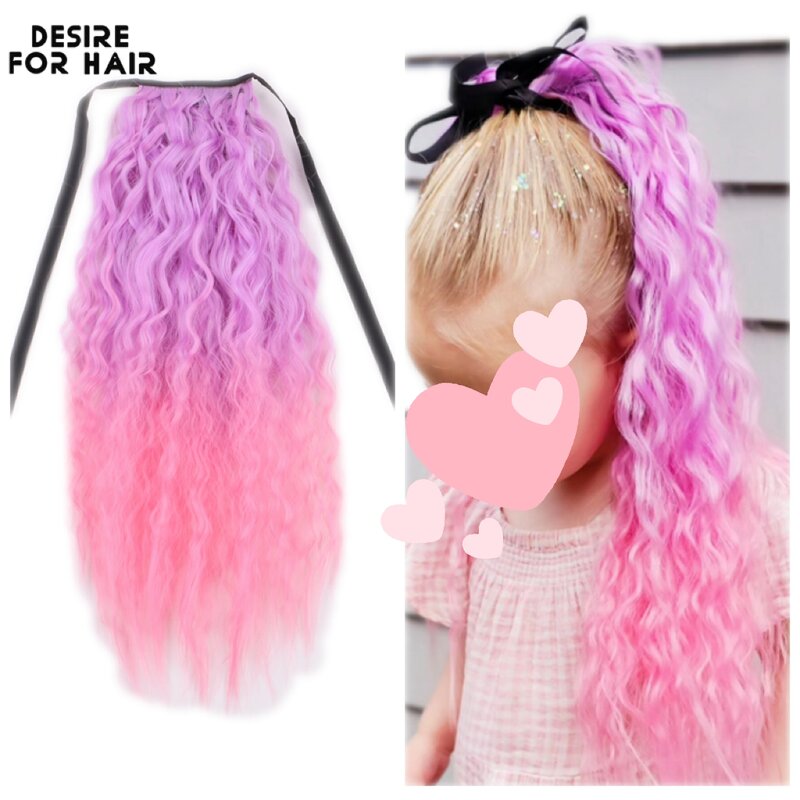 Ombre Pink Synthetic Curly Ponytail Drawstring 22Inch Wavy Clip In Ponytail Extensions For Kids Party Event Daily Wearing