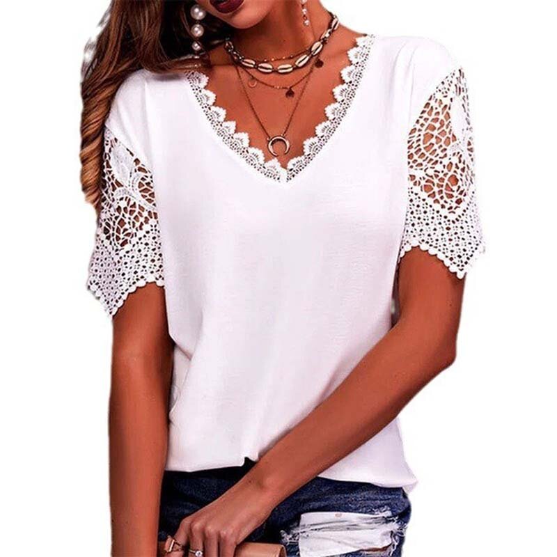 Women Basic T-Shirts Hollow V-Neck Lace Splicing  Blouses Tees Summer Fashion Commuting Top Casual Thin Female Clothing