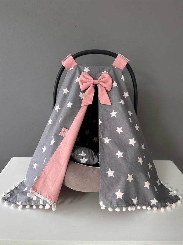 Handmade Gray Star Pompom Design Stroller Cover and Stroller Cushion