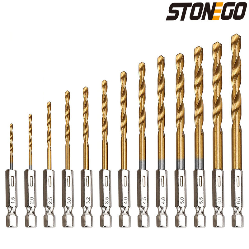 STONEGO-Conjunto de brocas de aço de alta velocidade, titânio revestido, haste sextavada, abridor para madeira, plástico, alumínio, 13pcs, 1.5mm-6.5mm
