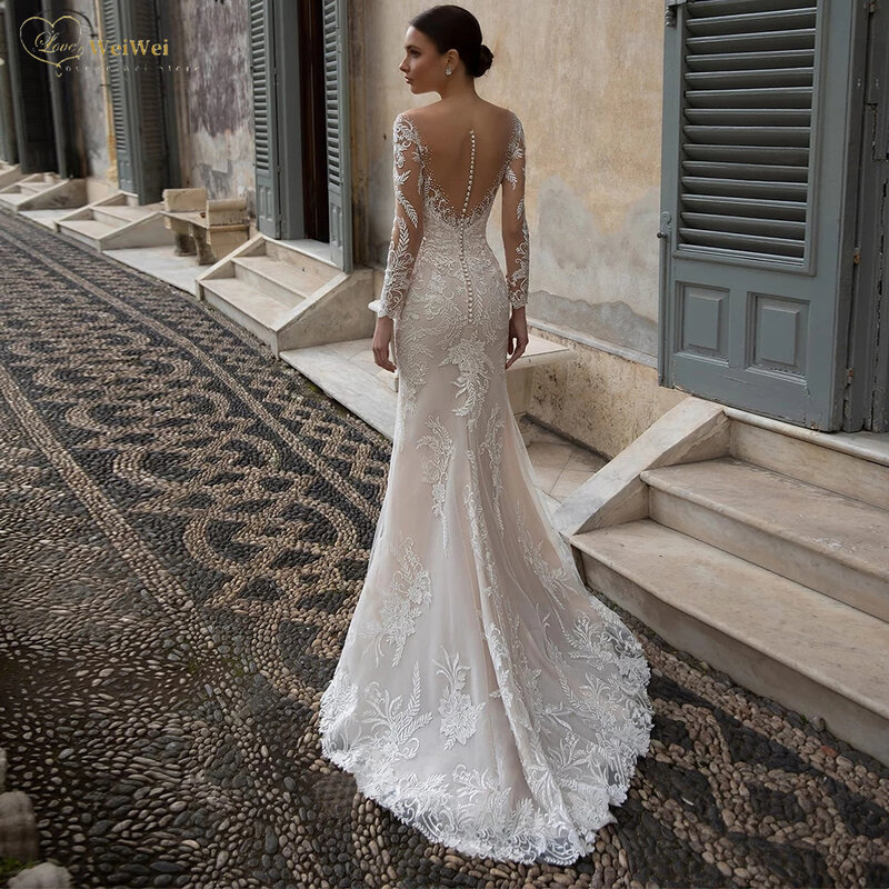 Женское свадебное платье с юбкой-годе, Прозрачное платье с кружевной аппликацией и пуговицами на спине, модель 2022