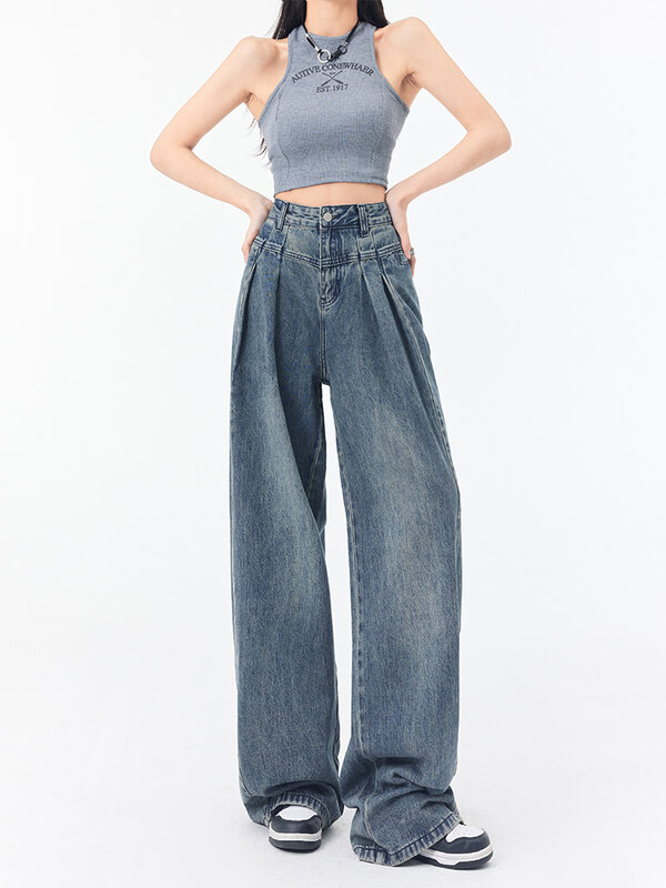 Y2K Celana Jeans Longgar Streetwear Antik Wanita Korea Celana Denim Celana Panjang Kaki Lebar Lurus Pinggang Tinggi