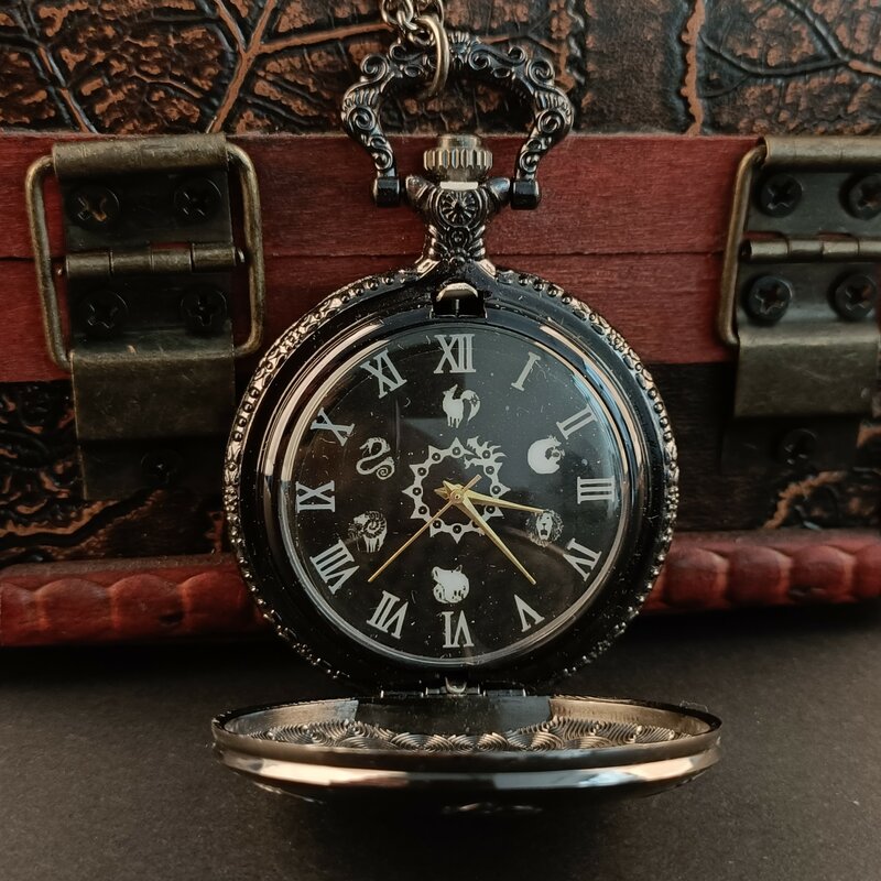 Vintage Full Hunter สร้อยคอนาฬิกาควอตซ์สีดำ Cool โรมันตัวเลขดิจิตอล Pocketwatch
