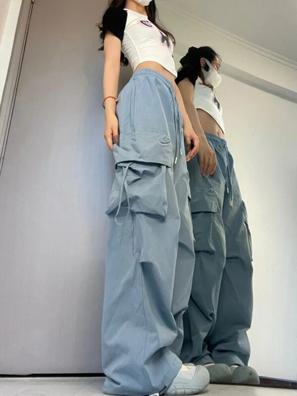 Women Y2K Korean Cargo Pants Hip Hop Loose Causal Wide Leg Pants Fashion High Waist Baggy Streetwear Multi Pockets Sweatpants